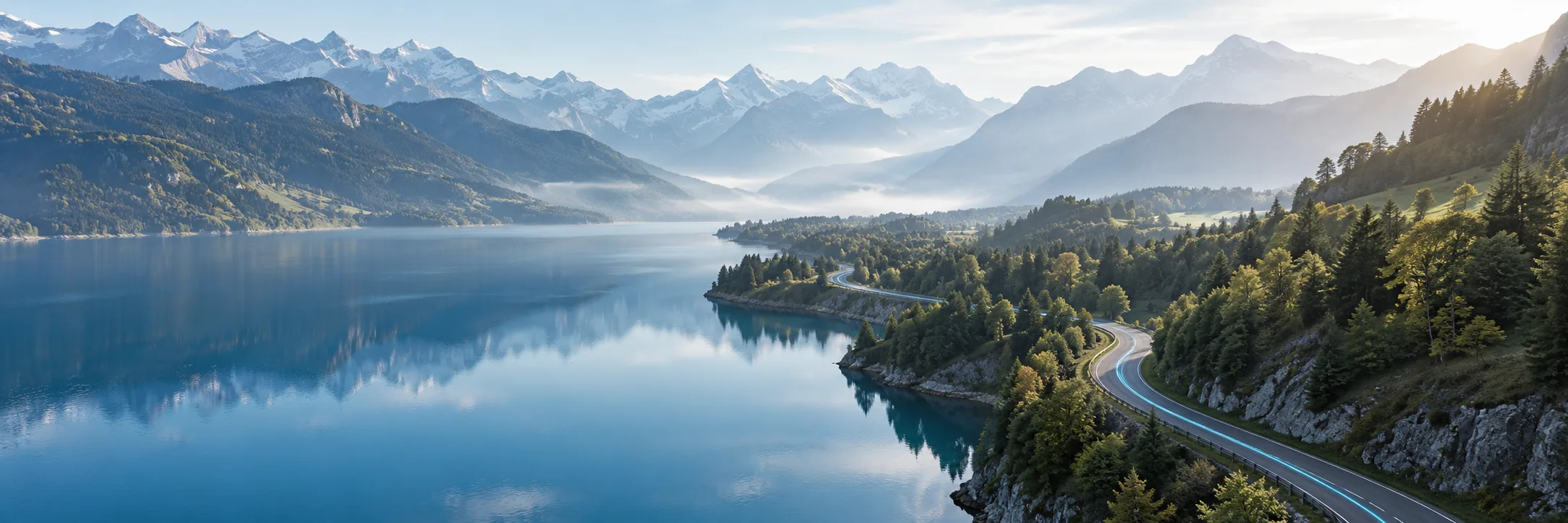 Original composition of a lakeside road through mountains, with a subtle blue line connecting the journey.